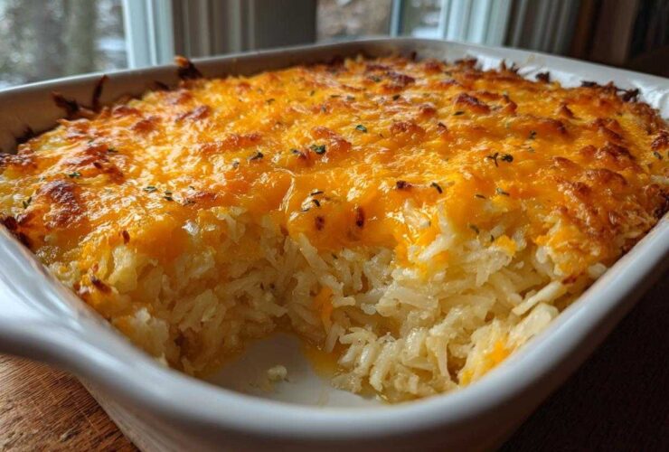 A scoop removed from a baked Copycat Cracker Barrel Hashbrown Casserole topped with melted, golden cheddar cheese.