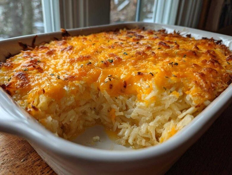 A scoop removed from a baked Copycat Cracker Barrel Hashbrown Casserole topped with melted, golden cheddar cheese.
