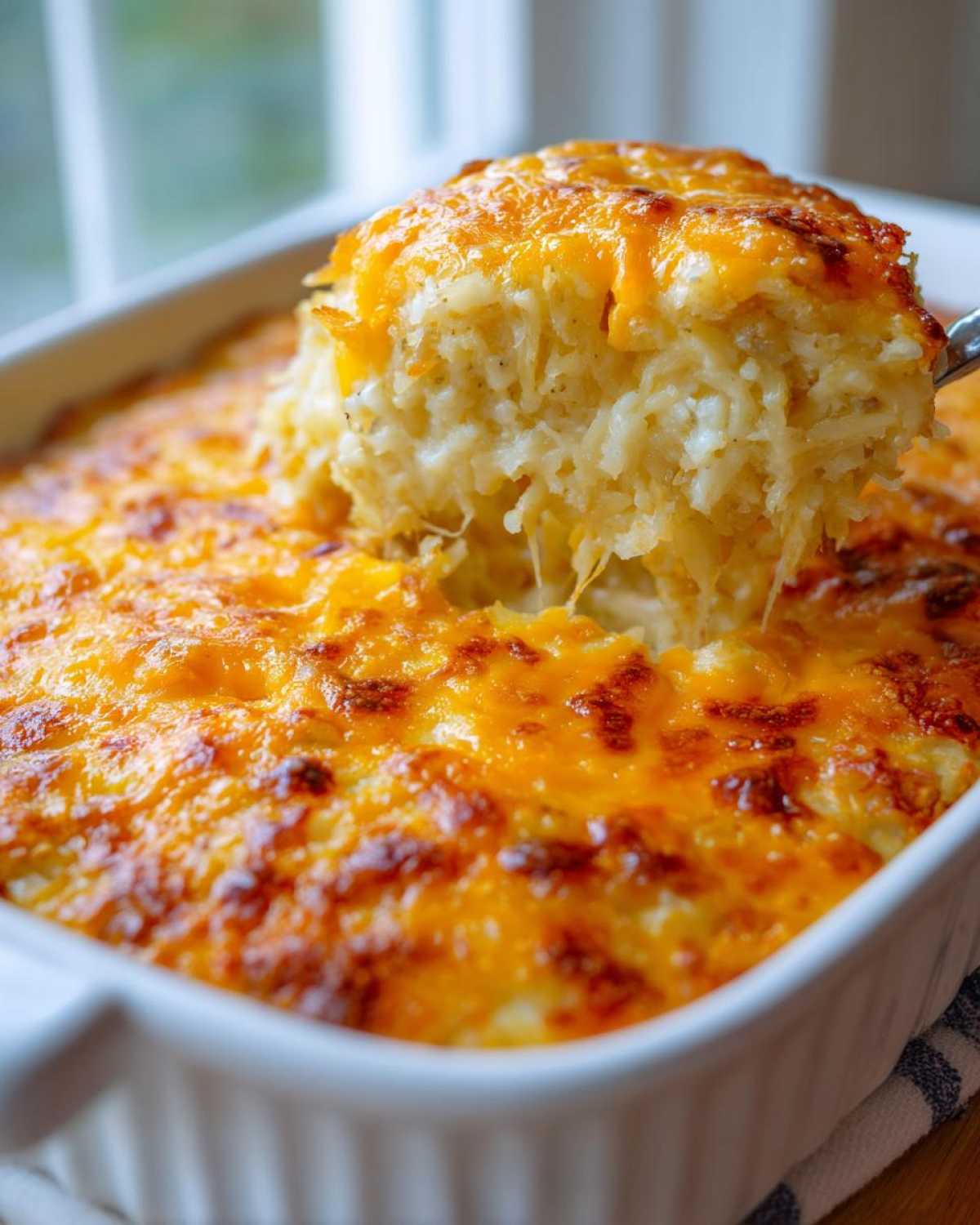 A spoonful of creamy Copycat Cracker Barrel Hashbrown Casserole being lifted from a white baking dish, showing melted cheese.