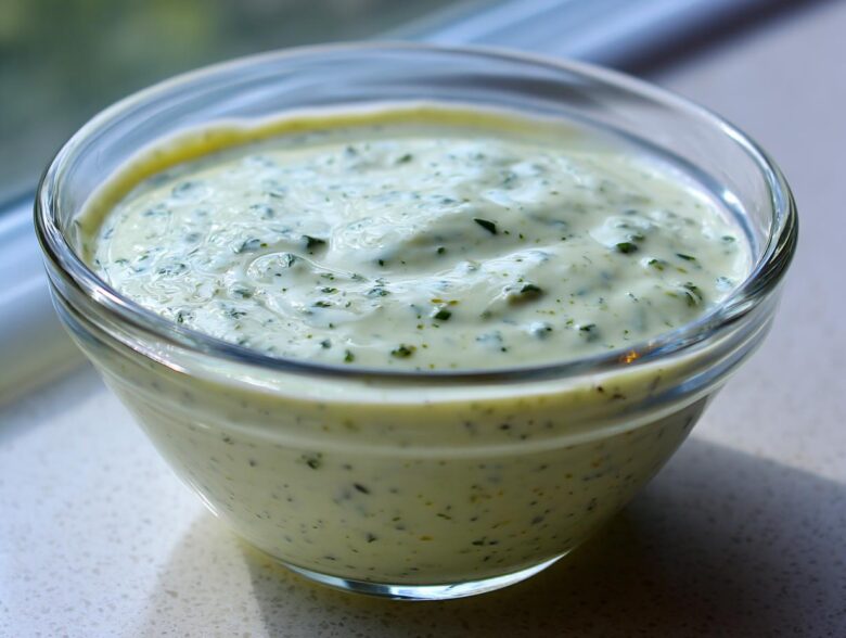 Close-up of creamy, pale green Copycat Olive Garden Salad Dressing speckled with herbs in a clear glass bowl.