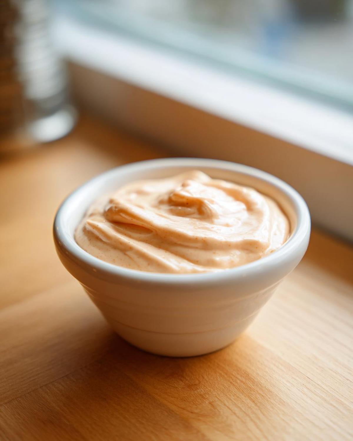 Close-up of creamy, orange-hued Copycat Raising Cane’s Sauce swirled in a small white dipping bowl.