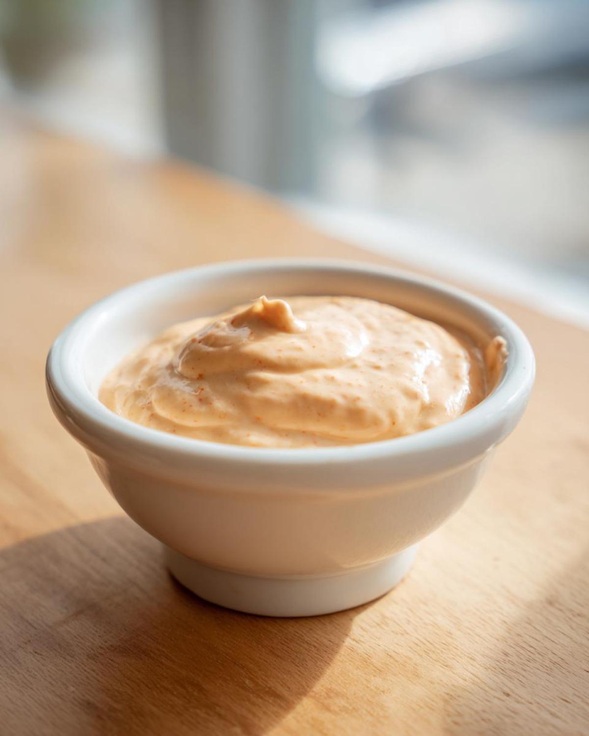 A small white ramekin filled with creamy, orange-tinted Copycat Raising Cane’s Sauce sitting on a wooden surface.
