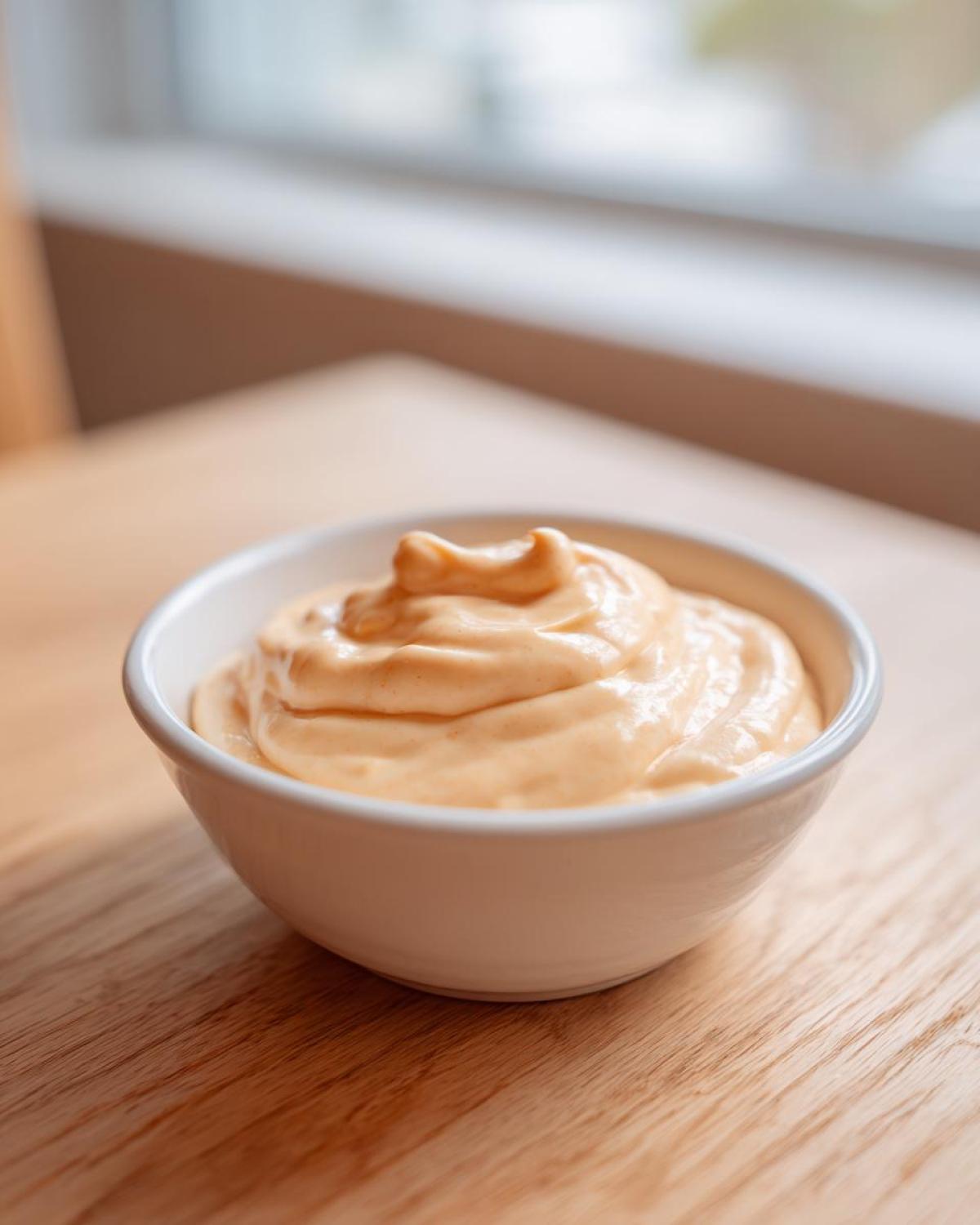 A small white bowl filled with creamy, orange-hued Copycat Raising Cane’s Sauce sitting on a wooden table.