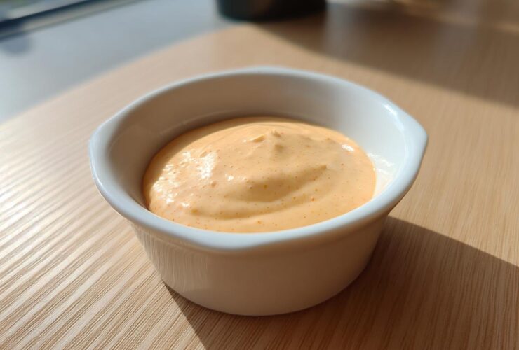 A small white ramekin filled with creamy, orange-hued Copycat Raising Cane’s Sauce sitting on a wooden table.