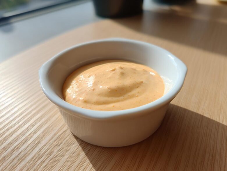 A small white ramekin filled with creamy, orange-hued Copycat Raising Cane’s Sauce sitting on a wooden table.