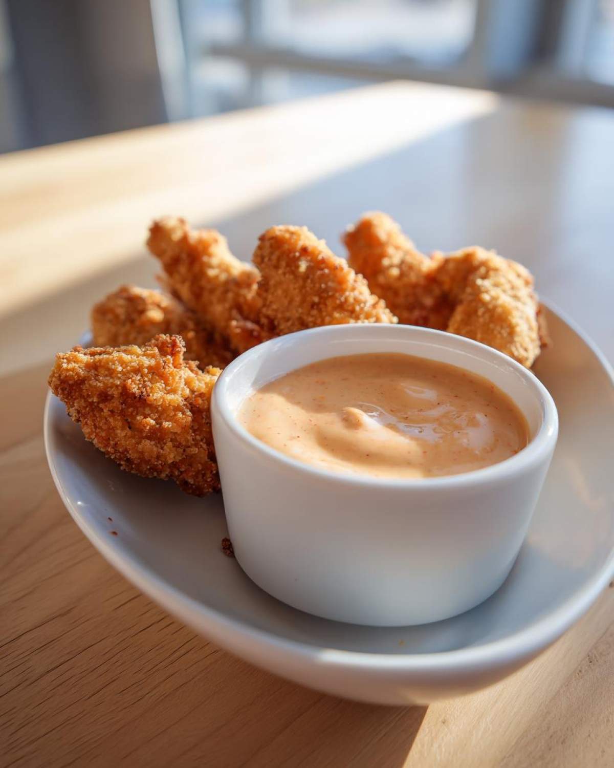 A small white bowl of creamy Copycat Raising Cane’s Sauce next to crispy chicken tenders.
