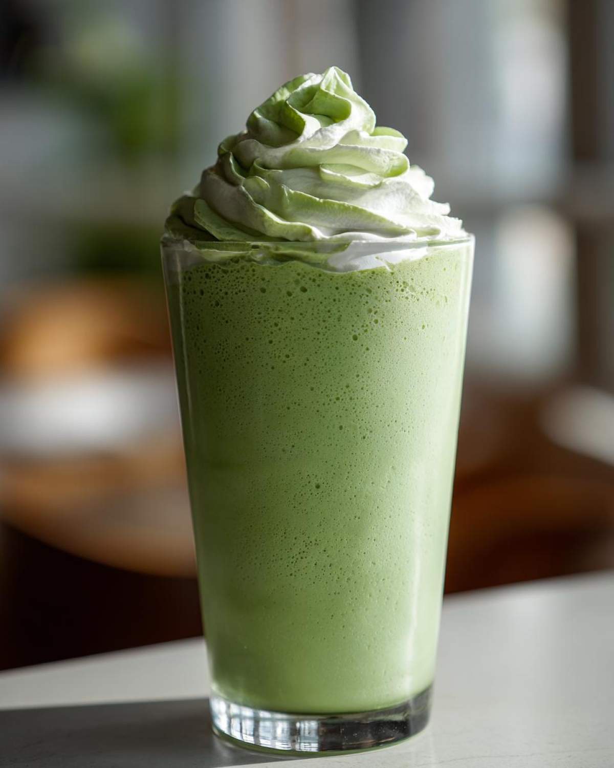 Close-up of a vibrant green Copycat Shamrock Shake topped with swirling mint whipped cream.