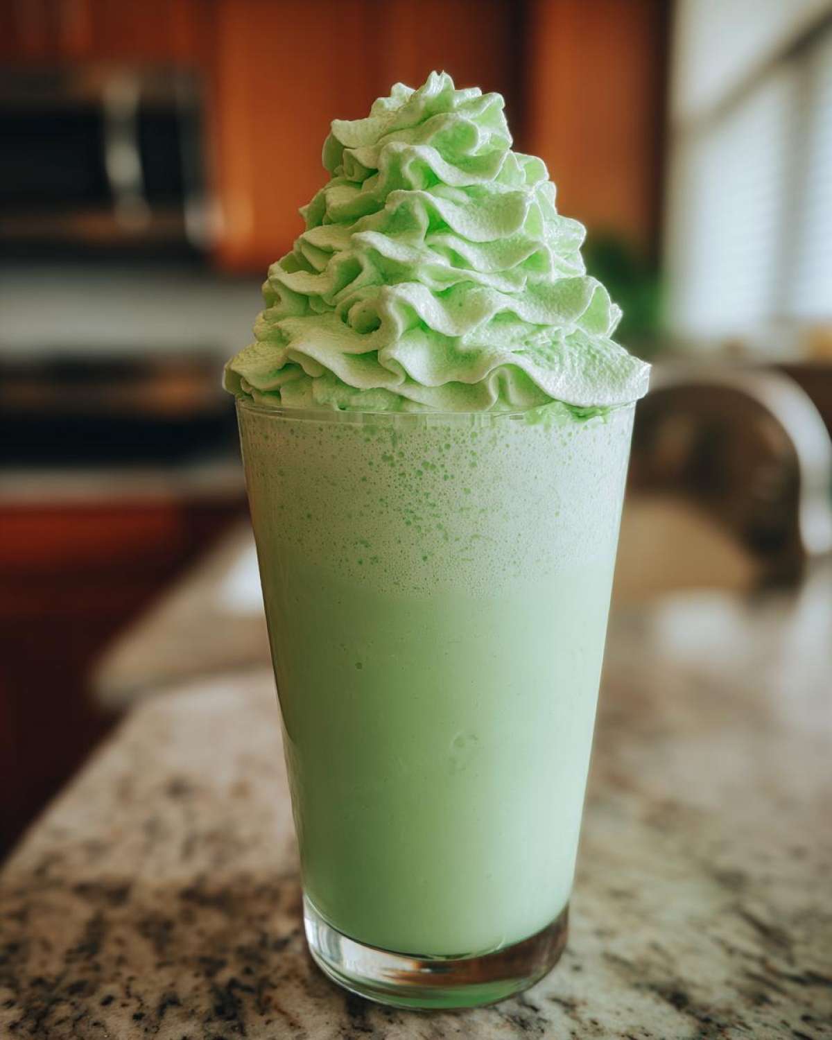 A tall glass filled with a bright green Copycat Shamrock Shake topped with a swirl of mint whipped cream.