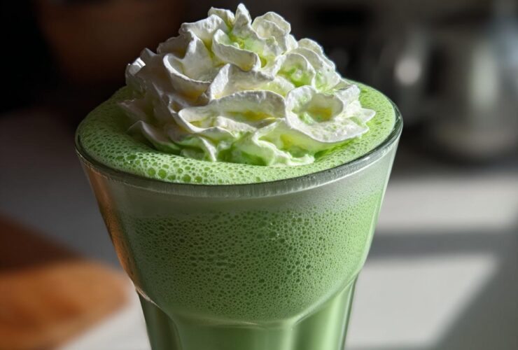 Close-up of a vibrant green Copycat Shamrock Shake topped with fluffy mint whipped cream.