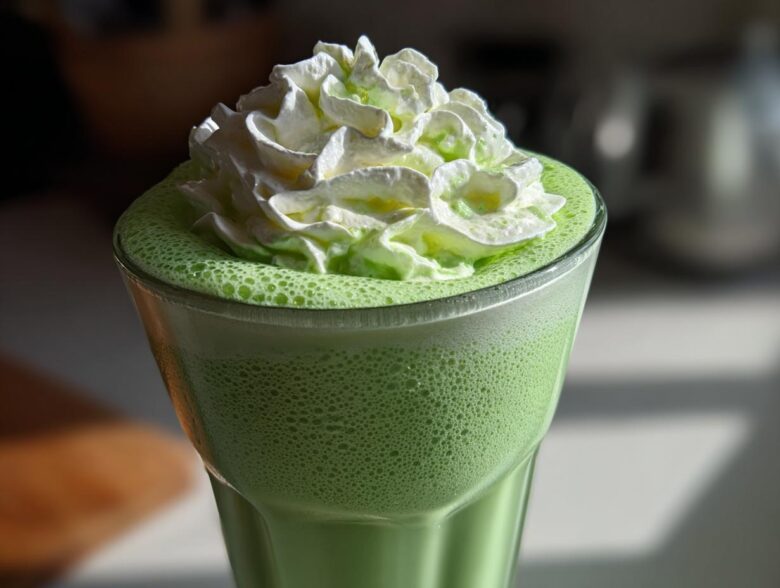 Close-up of a vibrant green Copycat Shamrock Shake topped with fluffy mint whipped cream.