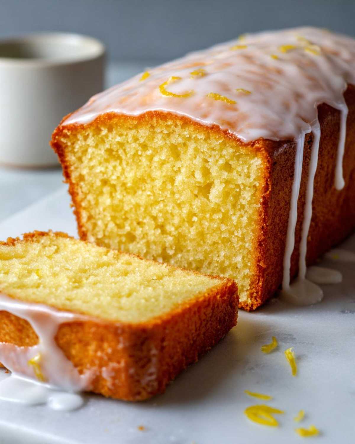 A close-up of a sliced Copycat Starbucks Iced Lemon Loaf drizzled with thick white glaze and lemon zest.