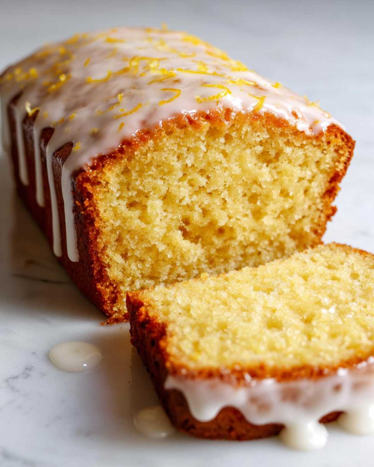 A close-up of a moist Copycat Starbucks Iced Lemon Loaf with thick white glaze dripping down the sides and lemon zest topping.