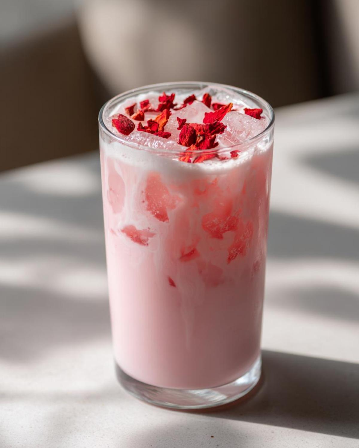 A tall glass filled with the pink, creamy Copycat Starbucks Pink Drink, topped with ice and dried red fruit pieces.