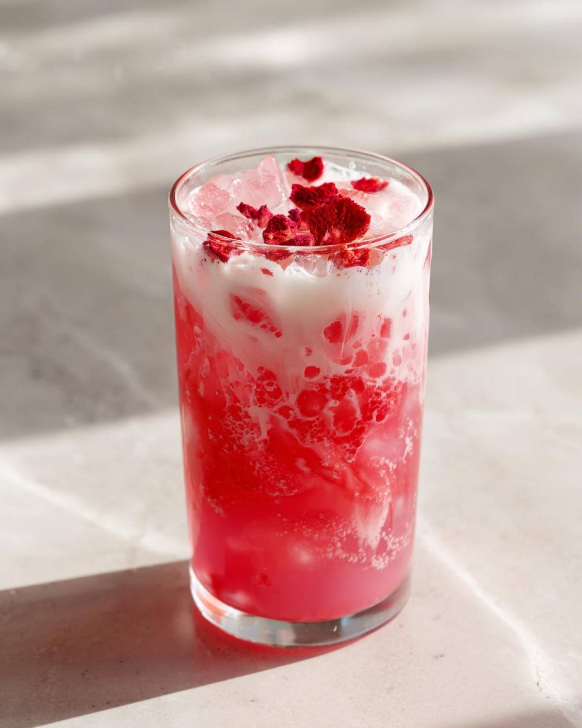 A tall glass filled with a bright pink Copycat Starbucks Pink Drink, layered with white coconut milk and topped with ice and dried red fruit pieces.