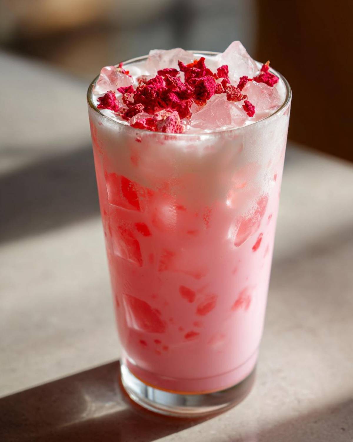 Tall glass filled with a pink, creamy Copycat Starbucks Pink Drink, topped with ice and freeze-dried berries.