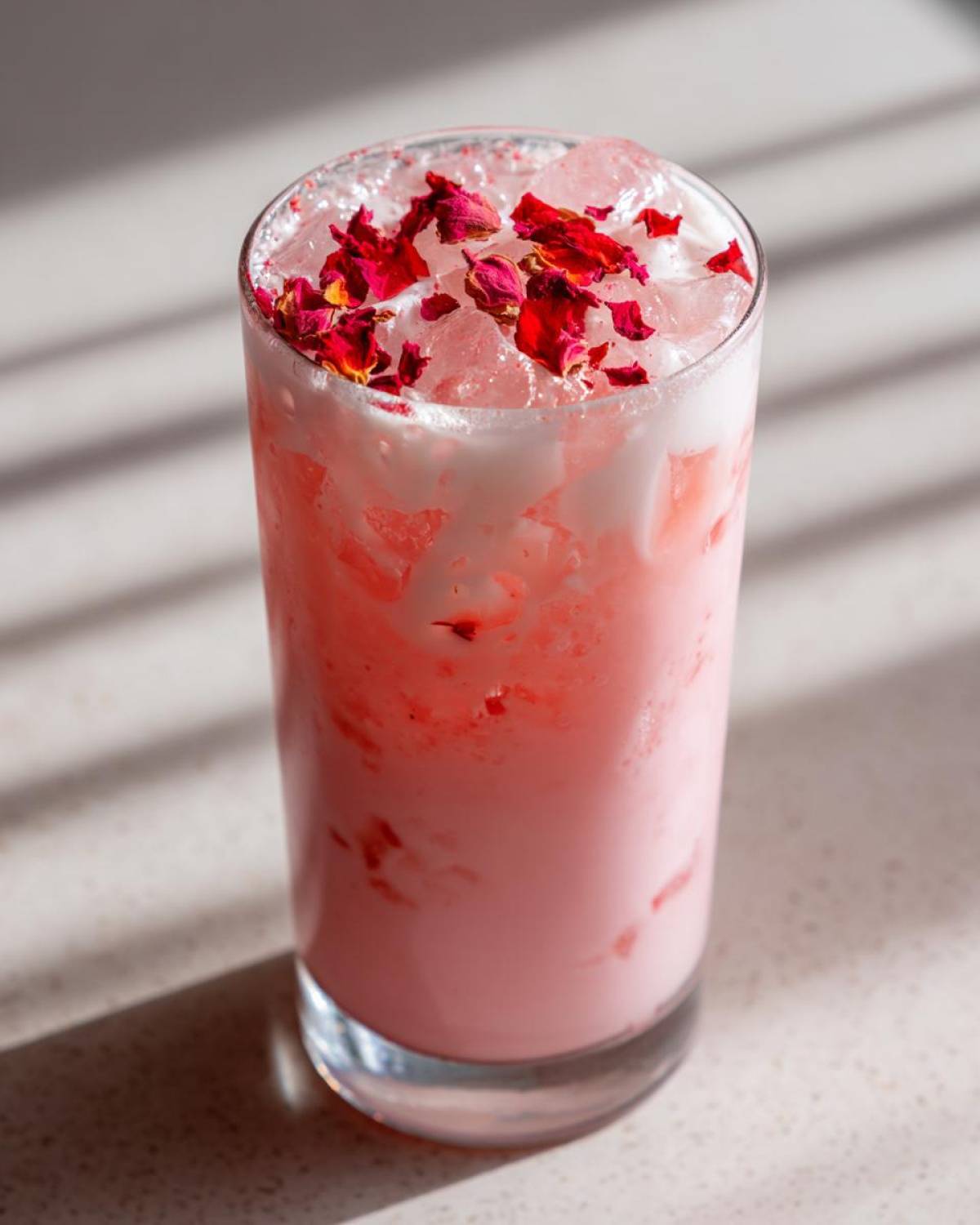 A tall glass filled with a pink, creamy Copycat Starbucks Pink Drink, topped with ice and dried red rose petals.