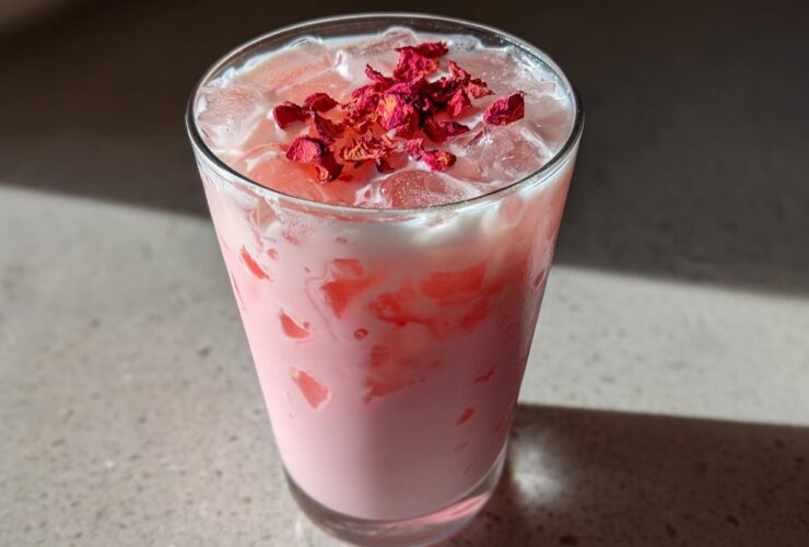 A tall glass filled with a creamy pink beverage, ice, and topped with dried rose petals, representing the Copycat Starbucks Pink Drink.