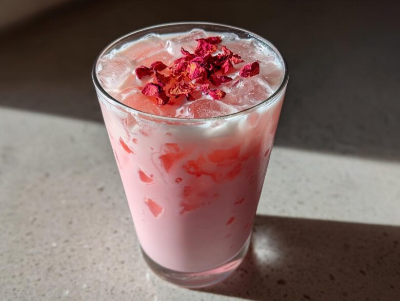 A tall glass filled with a creamy pink beverage, ice, and topped with dried rose petals, representing the Copycat Starbucks Pink Drink.