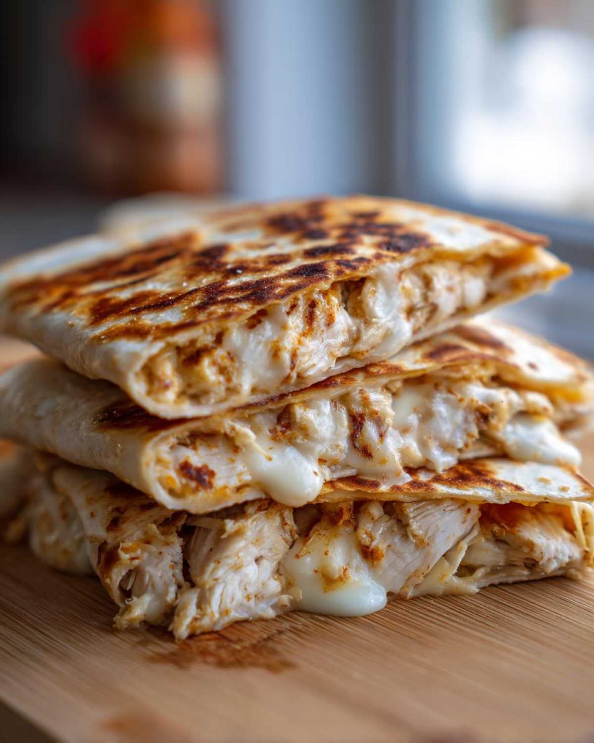 Close-up of stacked, grilled quesadilla quarters filled with shredded chicken and oozing white cheese, perfect for Copycat Taco Bell Chicken Quesadilla Sauce.