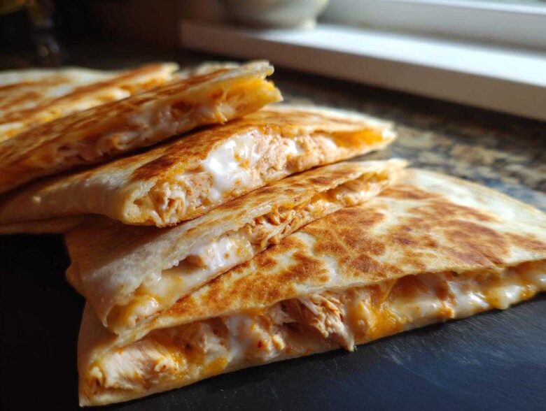 Close-up of stacked, grilled chicken quesadilla wedges oozing with melted cheese and Copycat Taco Bell Chicken Quesadilla Sauce.