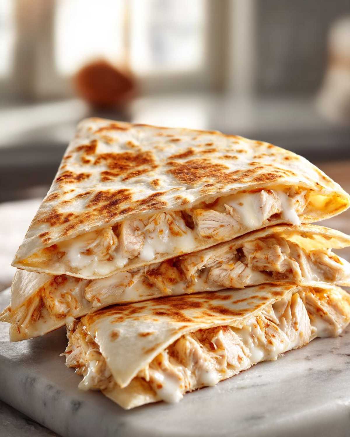 Three stacked slices of grilled chicken quesadilla oozing with melted cheese, made using Copycat Taco Bell Chicken Quesadilla Sauce.