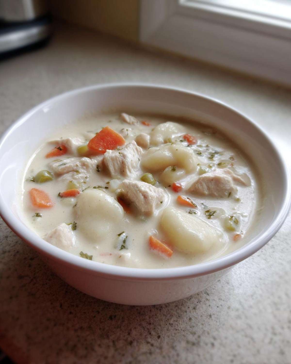 A close-up of a white bowl filled with rich Creamy Chicken Gnocchi Soup, featuring chicken chunks, carrots, and peas.
