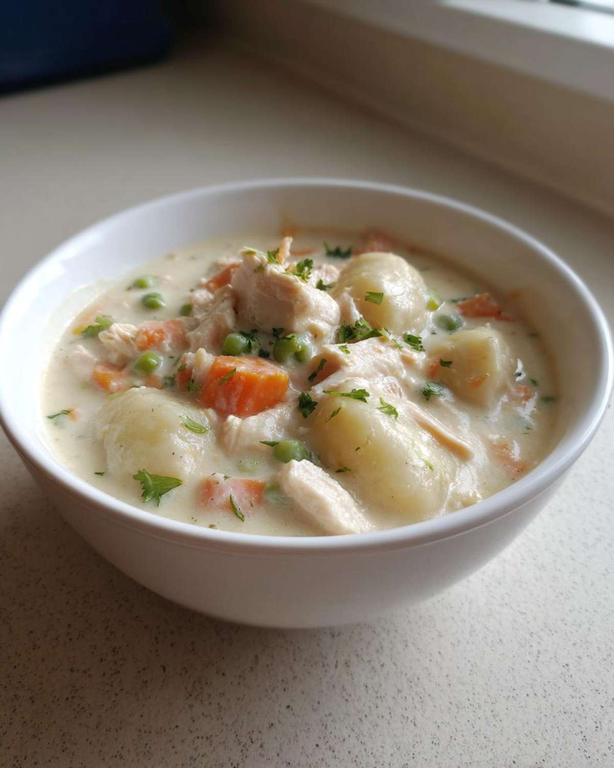 A close-up of a white bowl filled with Creamy Chicken Gnocchi Soup, featuring large gnocchi, shredded chicken, carrots, and peas.