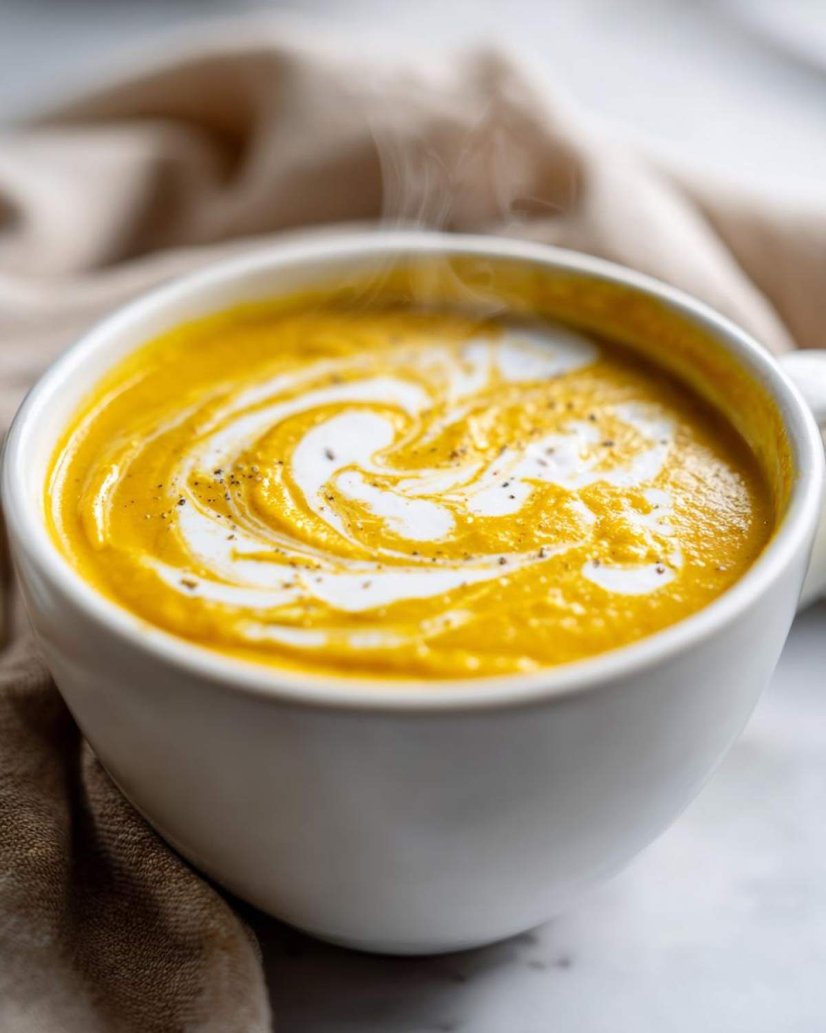 Close-up of hot Creamy Coconut Lentil Soup, swirled with cream and black pepper.
