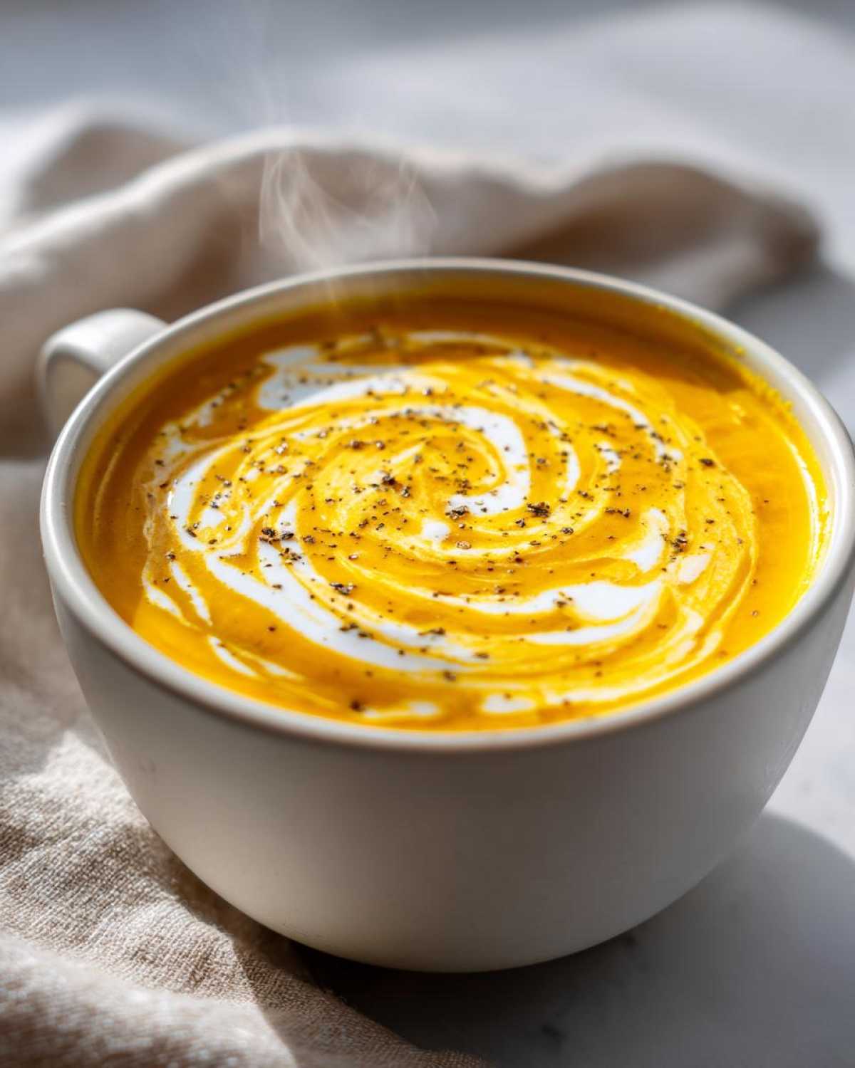 Close-up of hot Creamy Coconut Lentil Soup topped with a white cream swirl and black pepper.