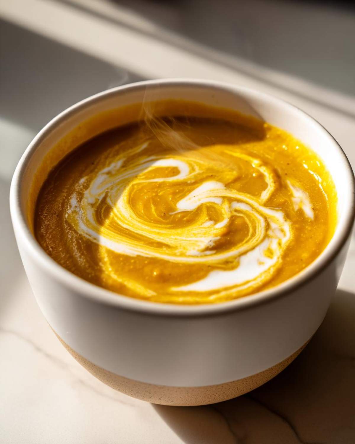 Close-up of hot Creamy Coconut Lentil Soup with a swirl of coconut cream topping.