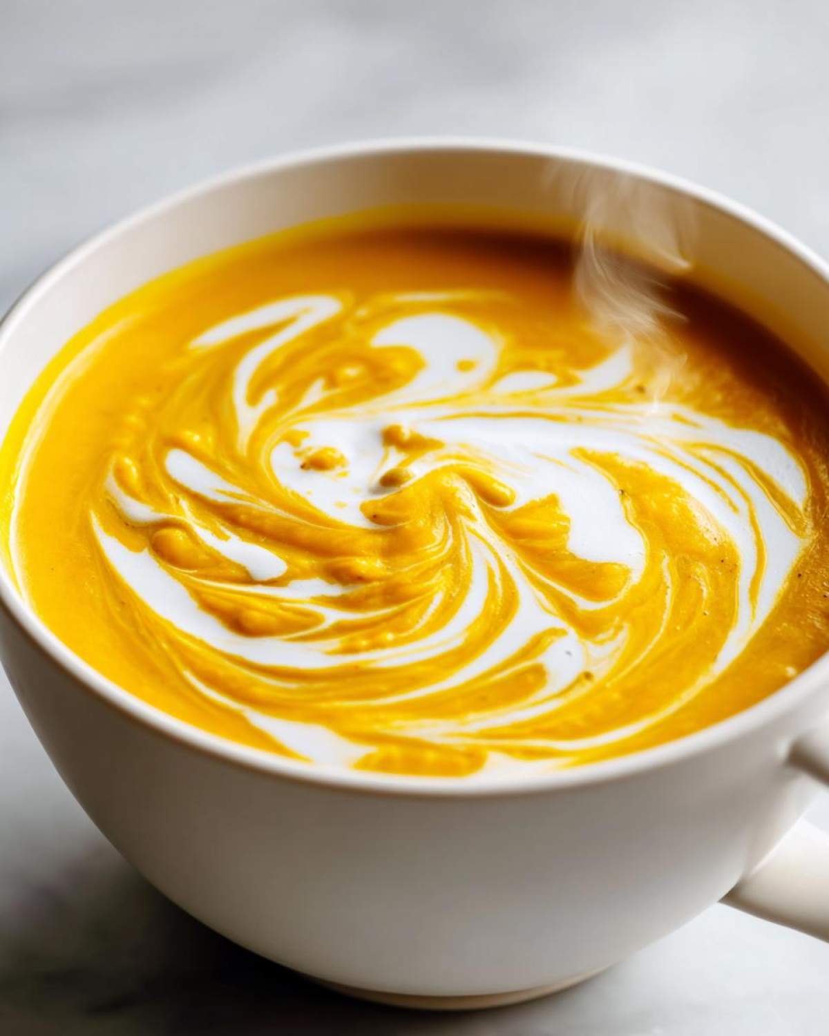 Close-up of hot Creamy Coconut Lentil Soup with a swirl of coconut cream on top.