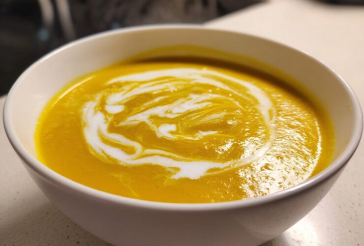 Close-up of vibrant orange Creamy Coconut Lentil Soup swirled with white coconut cream in a white bowl.