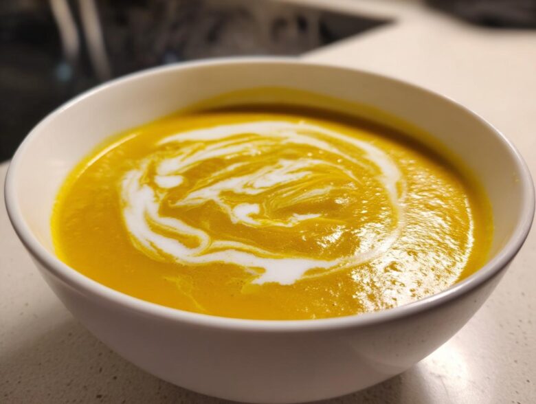 Close-up of vibrant orange Creamy Coconut Lentil Soup swirled with white coconut cream in a white bowl.