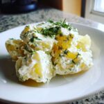 A close-up of chunks of boiled potatoes coated in a white, creamy dressing and topped generously with fresh dill, representing Creamy Dill Potato Salad.