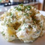 A close-up, featured image of chunky potatoes coated in a rich, creamy dressing and topped generously with fresh dill, showcasing the Creamy Dill Potato Salad.