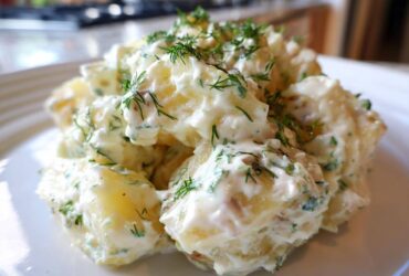 A close-up, featured image of chunky potatoes coated in a rich, creamy dressing and topped generously with fresh dill, showcasing the Creamy Dill Potato Salad.