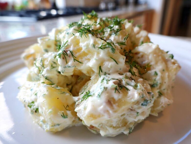 A close-up, featured image of chunky potatoes coated in a rich, creamy dressing and topped generously with fresh dill, showcasing the Creamy Dill Potato Salad.