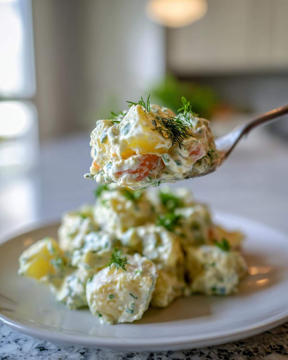 A spoonful of creamy dill potato salad, topped with fresh dill, held above a white plate of the salad.