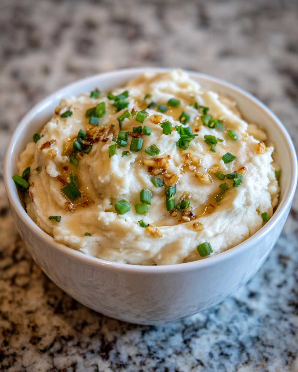 A white bowl filled with fluffy Creamy Garlic Mashed Cauliflower, topped with browned garlic and chives.