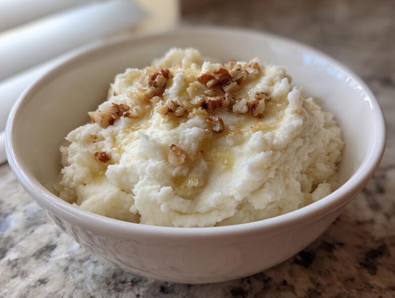 A white bowl filled with fluffy Creamy Garlic Mashed Cauliflower, topped with chopped nuts and a drizzle of liquid.