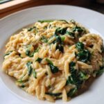 A close-up of rich, creamy Garlic Parmesan Orzo with Spinach served on a white plate.