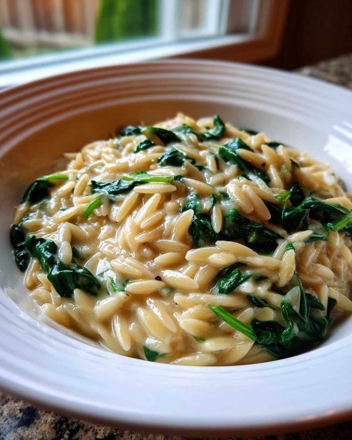 A close-up of a white bowl filled with Creamy Garlic Parmesan Orzo with Spinach.