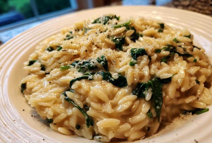 A close-up shot of a serving of Creamy Garlic Parmesan Orzo with Spinach topped with grated cheese and black pepper.