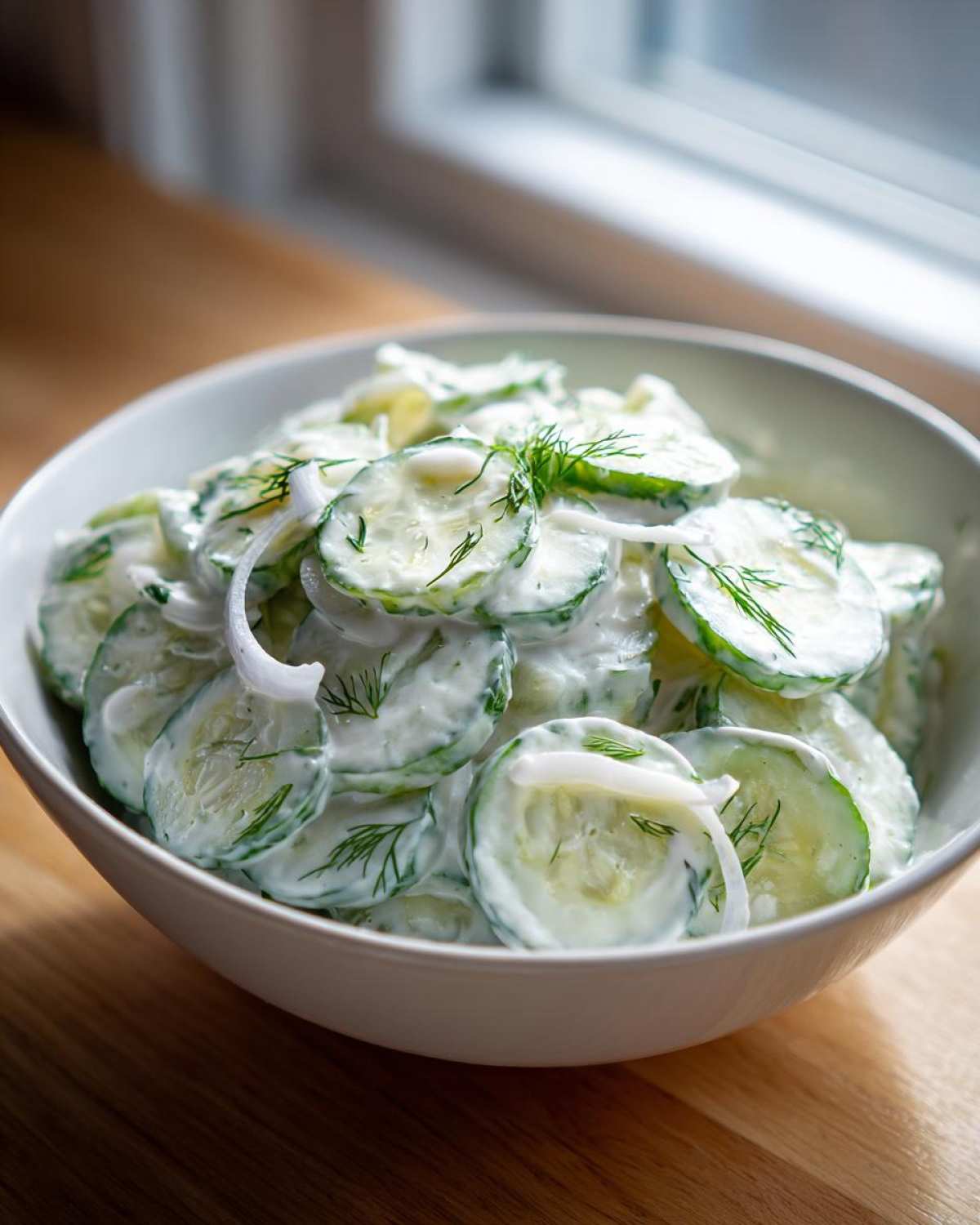 Close-up of a white bowl filled with slices of Creamy German Cucumber Salad, tossed in a white dressing and garnished with fresh dill.
