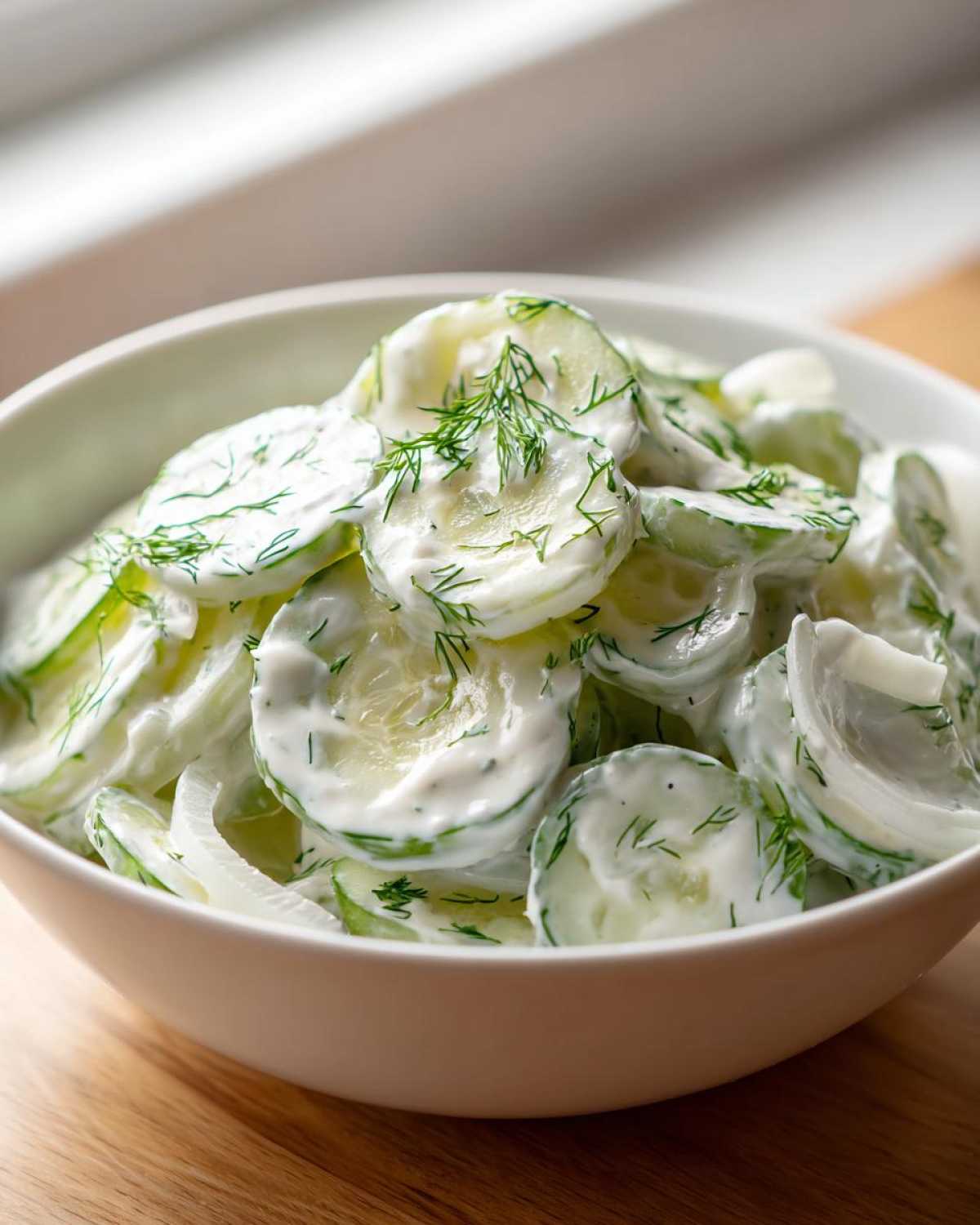 Close-up of thinly sliced cucumbers and onions coated in a creamy dressing, garnished with fresh dill, as part of a Creamy German Cucumber Salad.