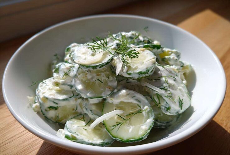 A white bowl filled with slices of Creamy German Cucumber Salad, coated in a white dressing and garnished with fresh dill.