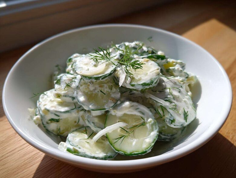 A white bowl filled with slices of Creamy German Cucumber Salad, coated in a white dressing and garnished with fresh dill.