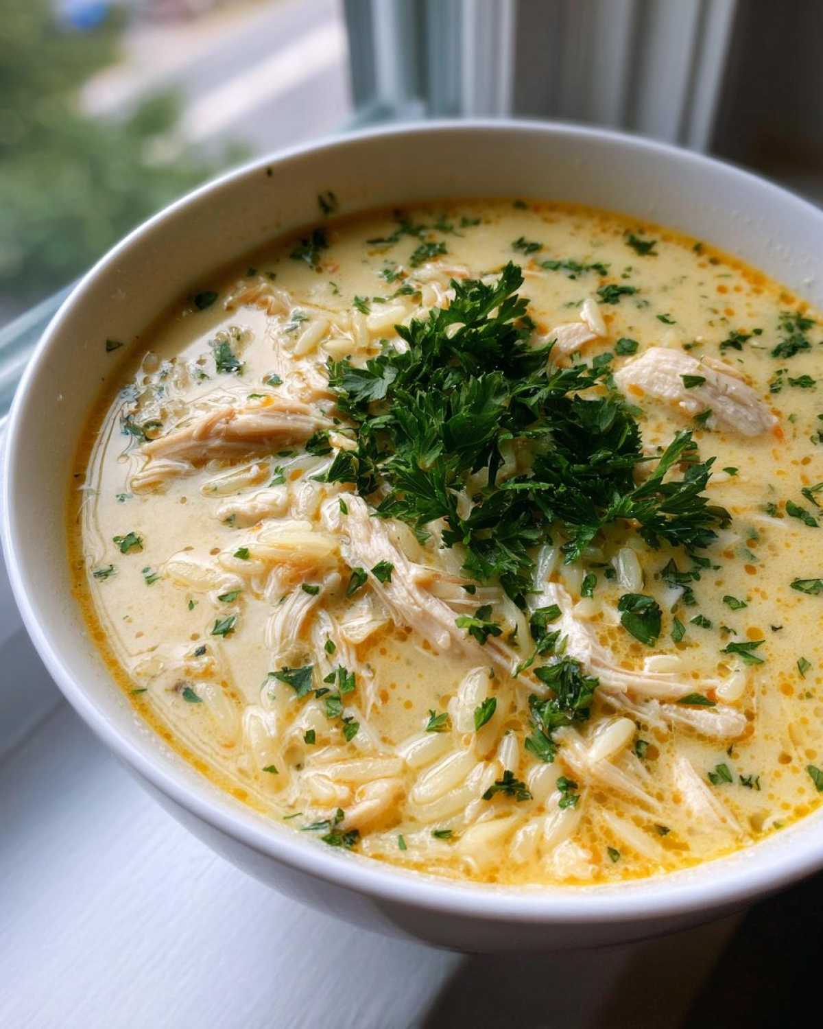 Close-up of a bowl of creamy Greek Lemon Chicken Soup with shredded chicken, orzo pasta, and fresh parsley garnish.