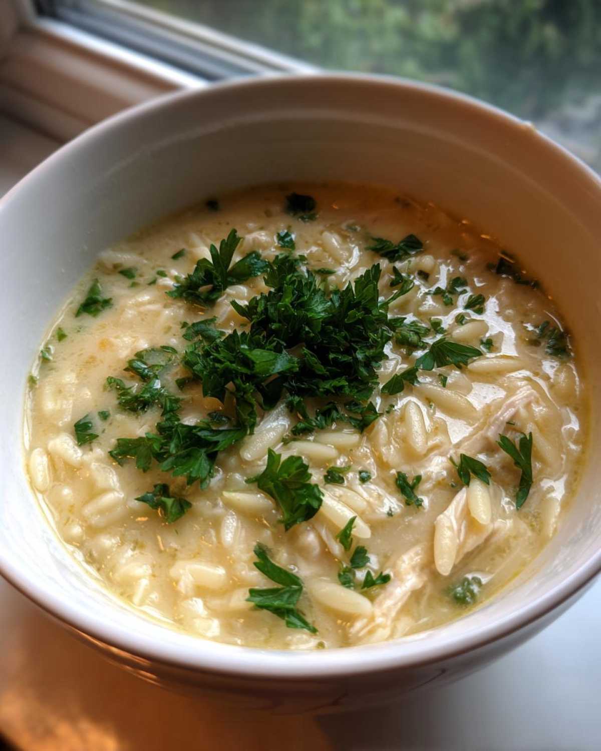 Close-up of a creamy bowl of Greek Lemon Chicken Soup featuring orzo pasta and topped with fresh parsley.
