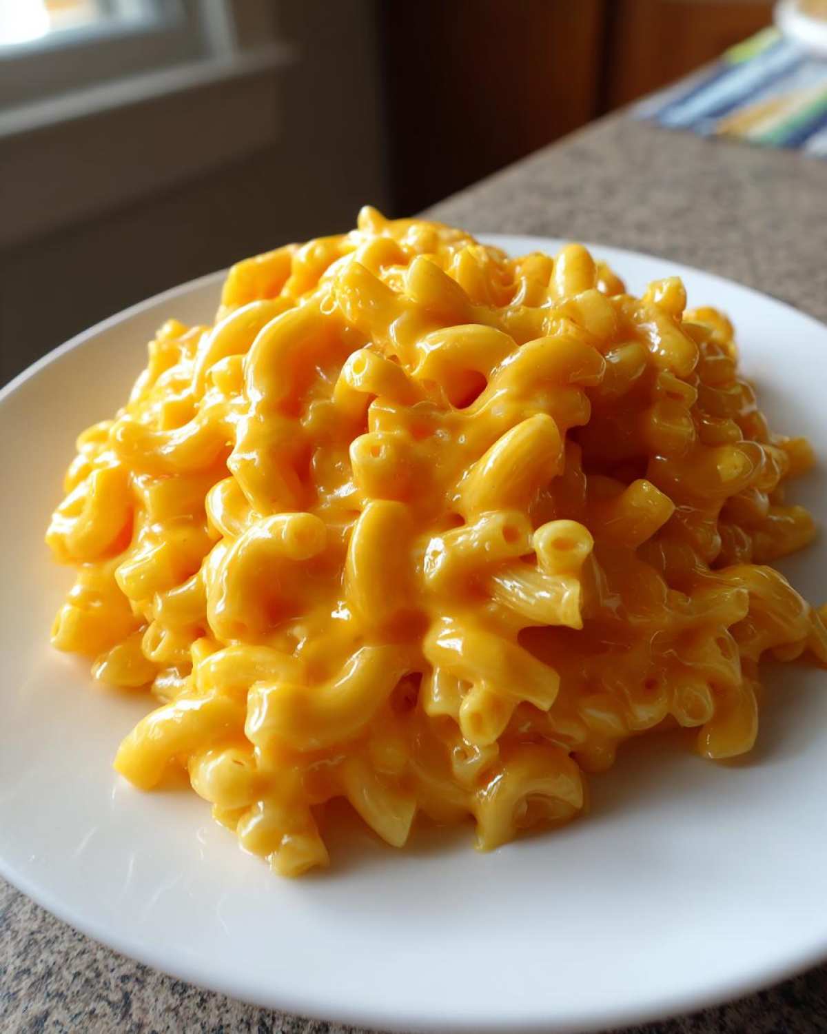 A close-up of a generous serving of creamy, bright orange Instant Pot Mac and Cheese on a white plate.